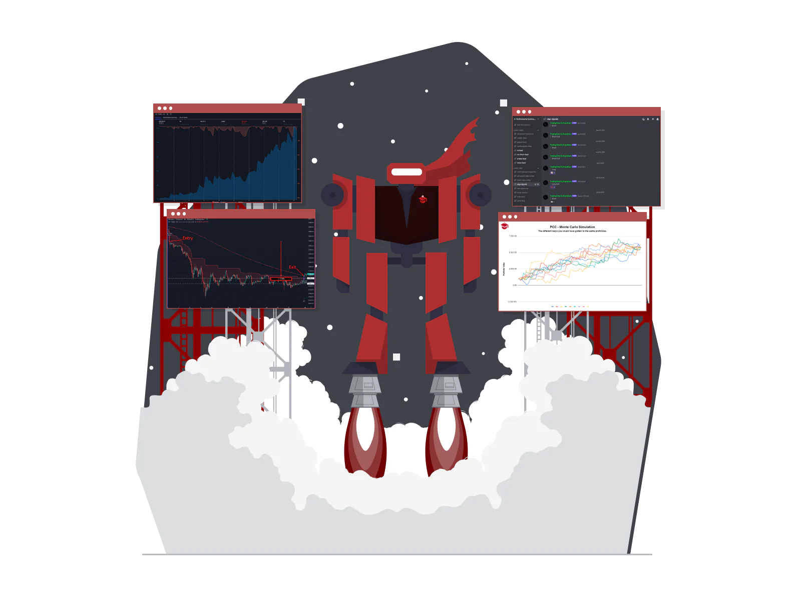 Robot blasting off into space smoking up the landing pad, with the PCC logo on the heart section of the robot.