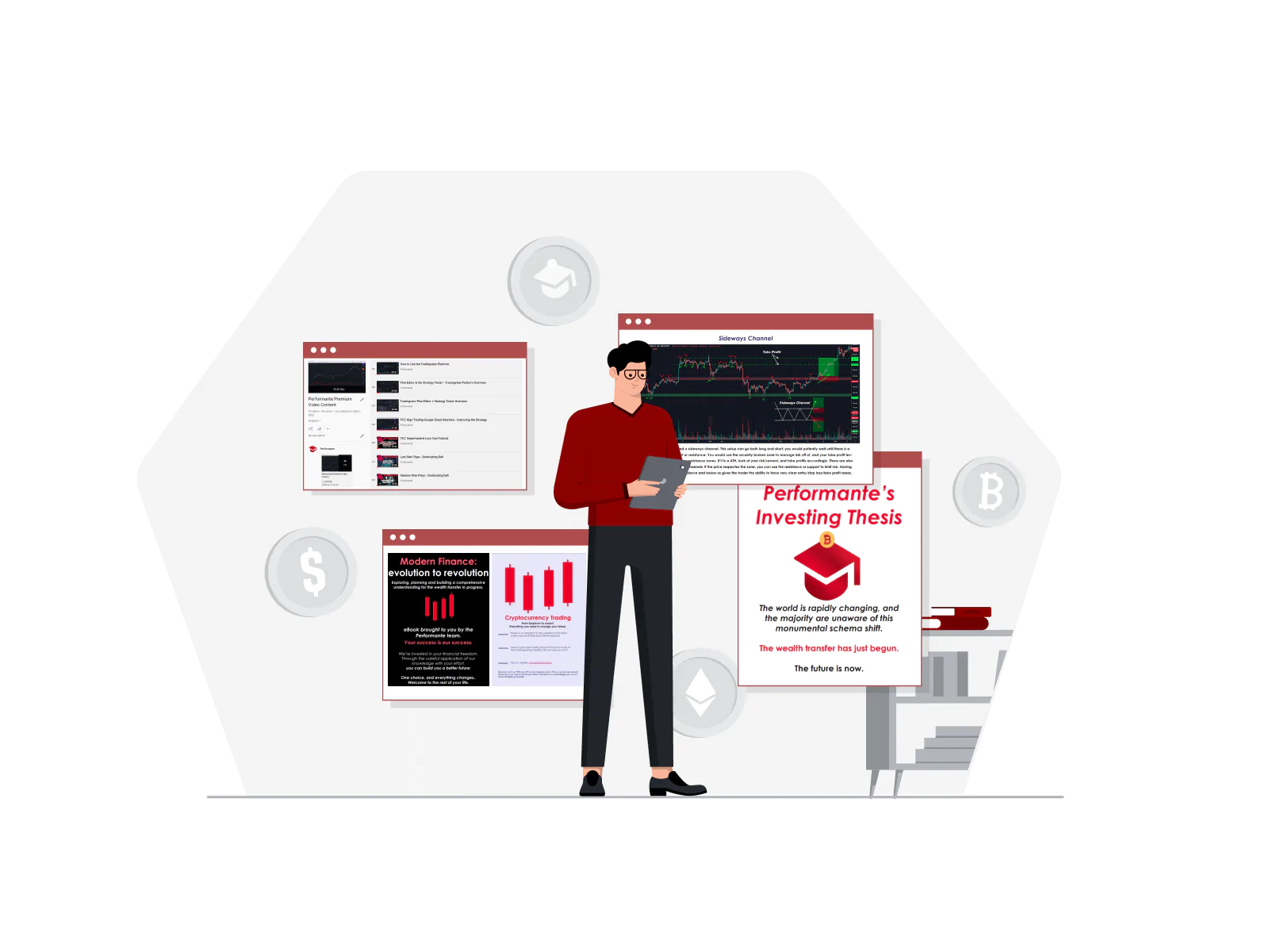 Man holding a tablet, and in the background, there are PCC PDF's, and the Premium YouTube Series